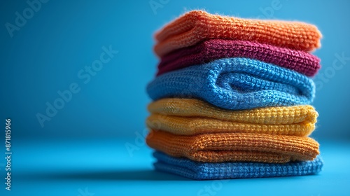 A stack of vibrant, textured towels presents a cozy spectrum of warmth and cleanliness against a serene blue background.