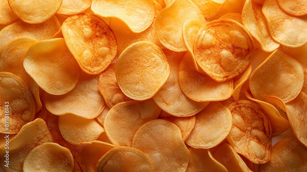 An up-close view of crispy potato chips provides a tempting glimpse into the world of savory snacks. An up-close view of crispy potato chips provides a tempting glimpse into the world of savory snacks.