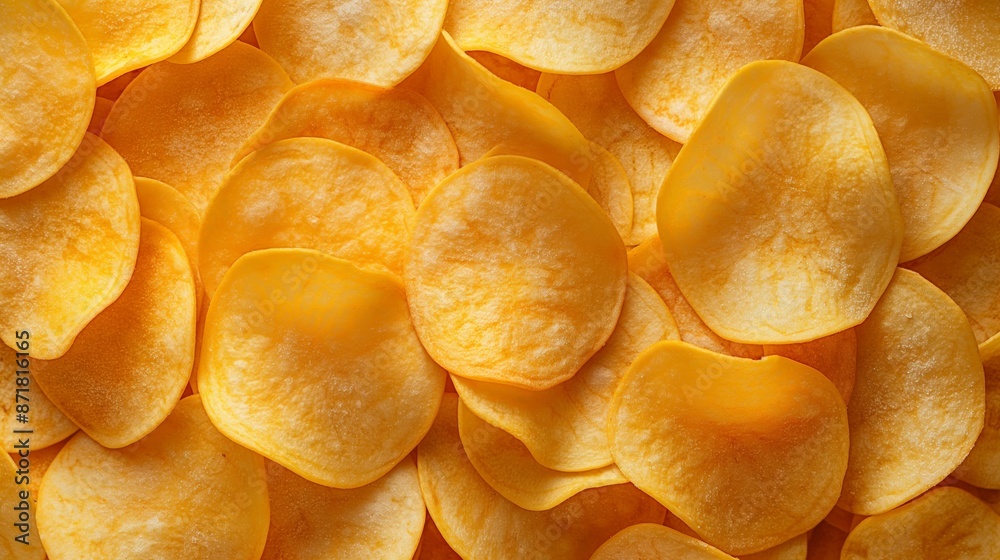 Crisp potato chips fill the frame, showcasing their golden texture and tempting appeal. Crisp potato chips fill the frame, showcasing their golden texture and tempting appeal.