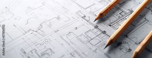 detailed closeup wide horizontal photo of yellow color drawing pencils on a architectural layout plan blueprint drawing on a table 