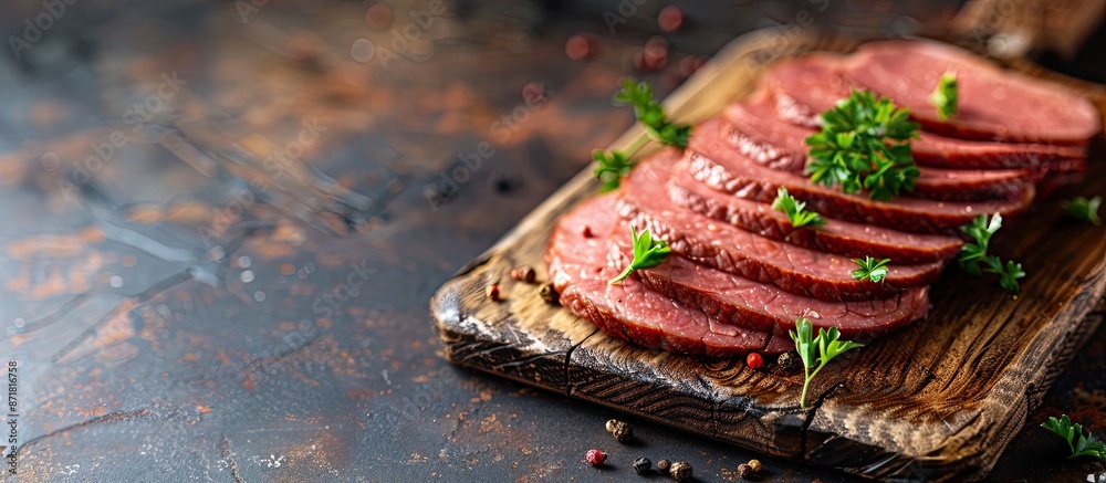 A tasty sliced smoked veal tongue is presented on a wooden cutting board. Also known locally as 'fume dana dil', this delectable smoked meat is showcased with copy space image. A tasty sliced smoked veal tongue is presented on a wooden cutting board. Also known locally as 'fume dana dil', this delectable smoked meat is showcased with copy space image.