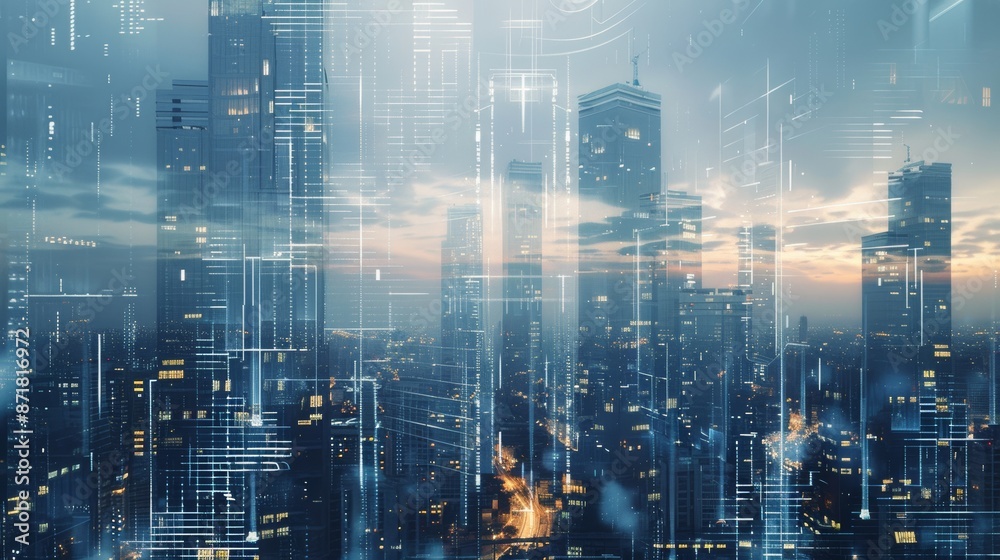 crypto robotics AI matrix data visualization with futuristic skyscrapers double exposure in silver dark blue gray color palette crypto robotics AI matrix data visualization with futuristic skyscrapers double exposure in silver dark blue gray color palette