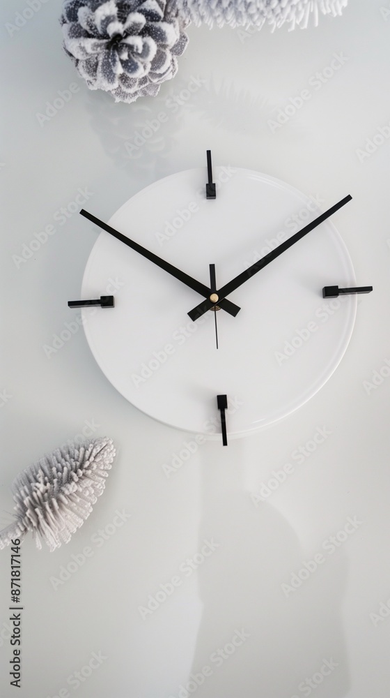 Minimalist white ceramic wall clock with black hands in a sleek kitchen, sleek home decor Minimalist white ceramic wall clock with black hands in a sleek kitchen, sleek home decor