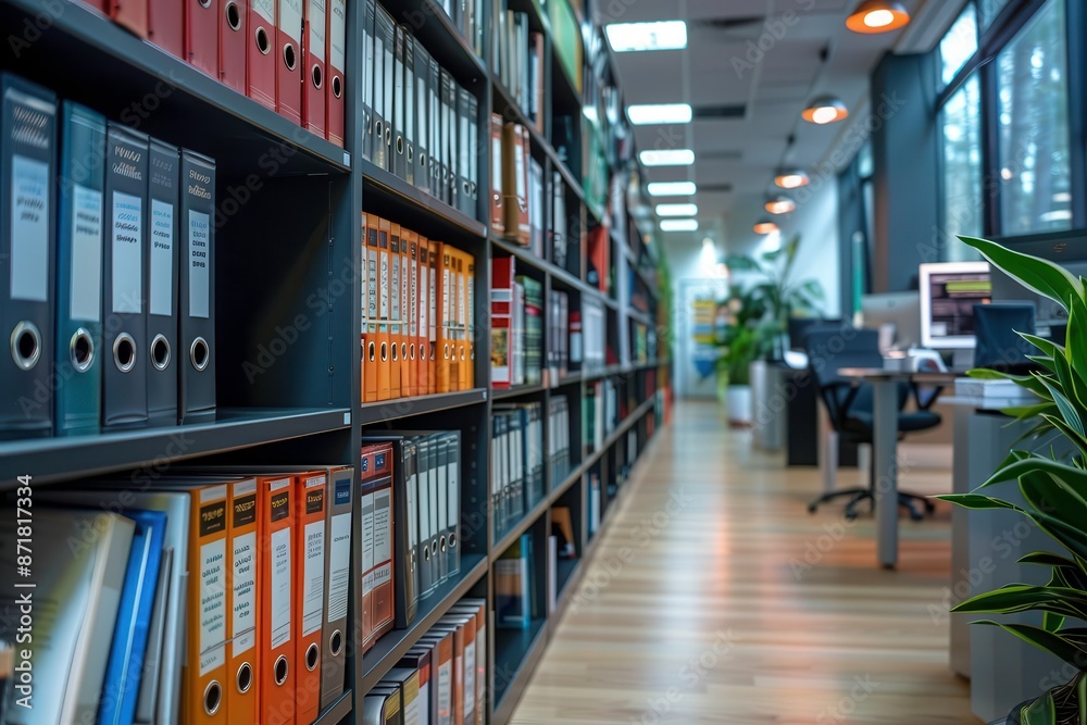 Office library with financial literature and reports, office area, resource center for equity research Office library with financial literature and reports, office area, resource center for equity research