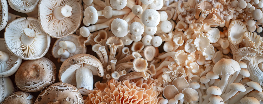 A variety of mushrooms in different shades of white and cream arranged in a circular pattern on a dark, earthy background. The intricate details of the mushroom caps stand out beautifully. A variety of mushrooms in different shades of white and cream arranged in a circular pattern on a dark, earthy background. The intricate details of the mushroom caps stand out beautifully.