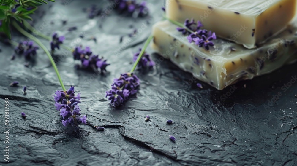 Lavender Blossoms and Soap on Basalt Surface Lavender Blossoms and Soap on Basalt Surface
