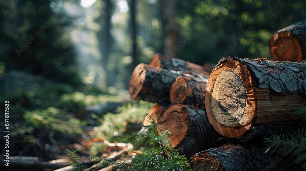 Cluster of freshly chopped spruce tree trunks with a focused piece Cluster of freshly chopped spruce tree trunks with a focused piece