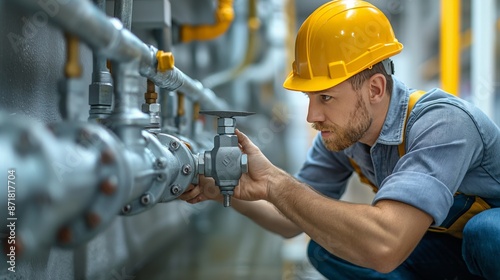 A focused plumber in a yellow hard hat adjusts a water meter, demonstrating precision and expertise in a complex industrial environment.