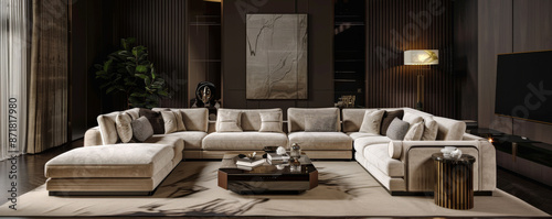 A spacious living room with a large sectional sofa and a coffee table, set against a dark brown wall. The rich, dark background enhances the room's modern and luxurious feel.