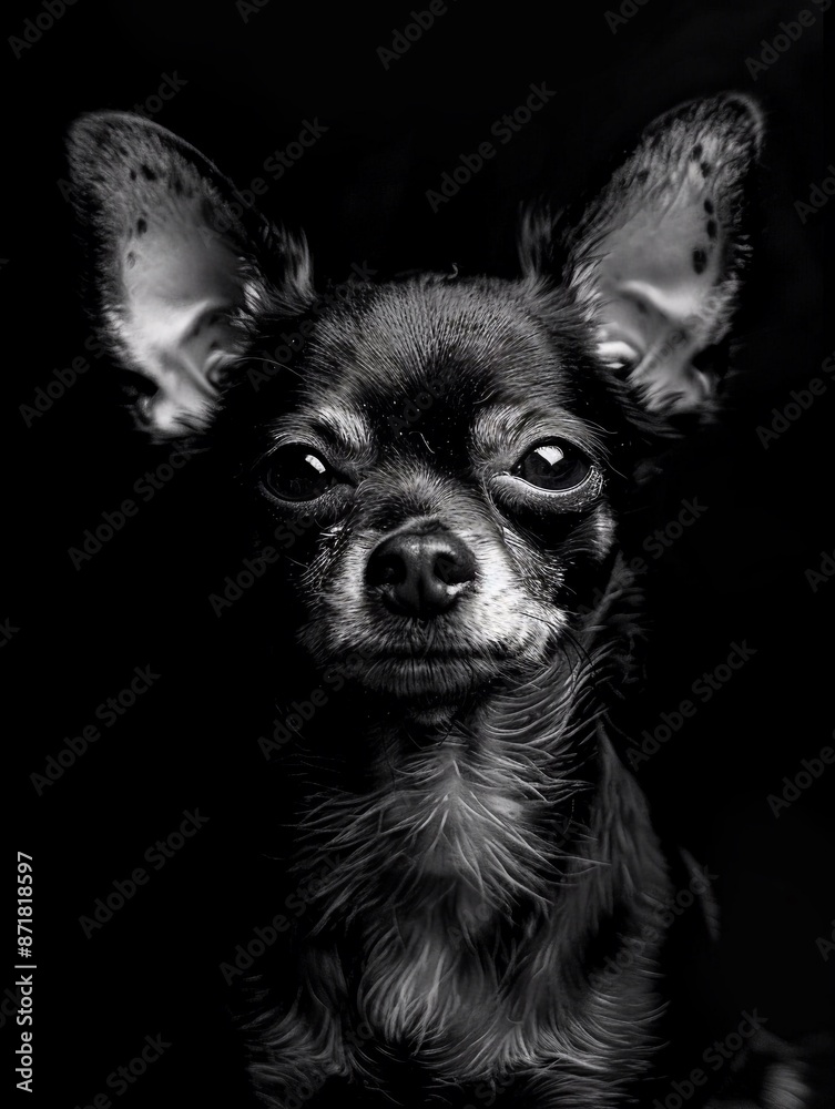 Fototapeta premium Ripresa frontale di un cane Chihuahua. Foto in bianco e nero