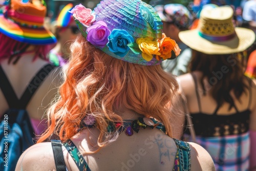 non binary person with dyed peach color hair and rainbow hat with flowers at Pride parade in the street photo