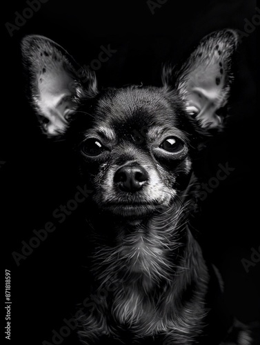 Ripresa frontale di un cane Chihuahua. Foto in bianco e nero