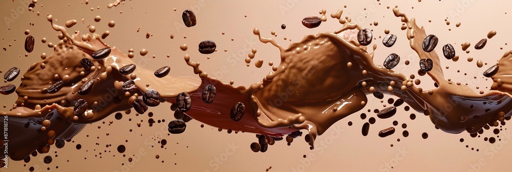 Obraz premium Caffè e chicchi di caffè spruzzati su sfondo beige