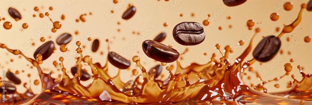 Fototapeta premium Caffè e chicchi di caffè spruzzati su sfondo beige