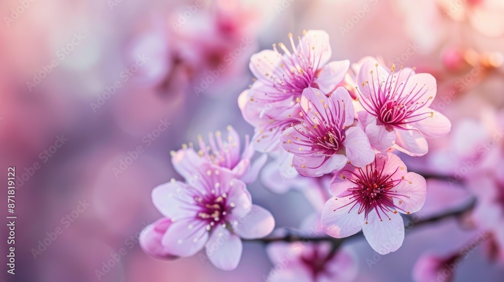 Pink flowers on cherry tree branches blooming in spring background Pink flowers on cherry tree branches blooming in spring background