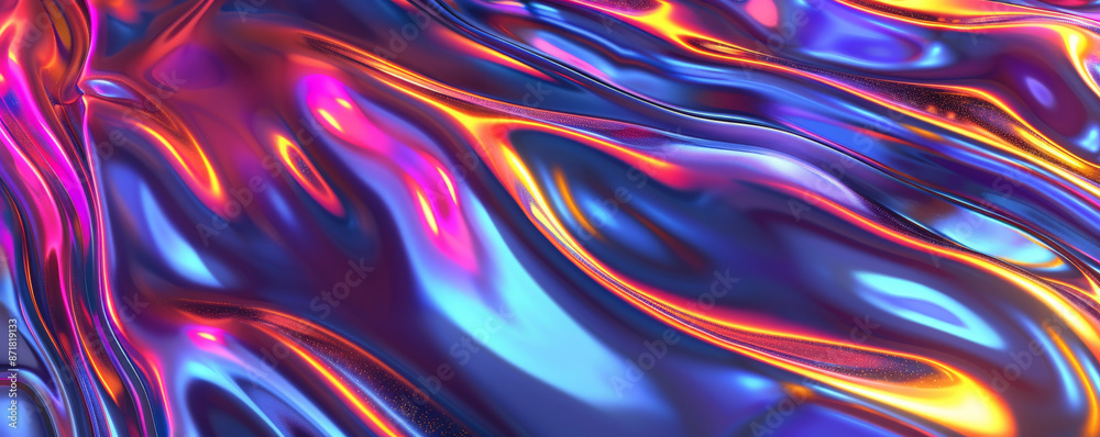 Abstract iridescent background design, 3d render, featuring a dynamic, swirling pattern. The iridescent finish adds depth and movement, with colors that shift and change with the light.