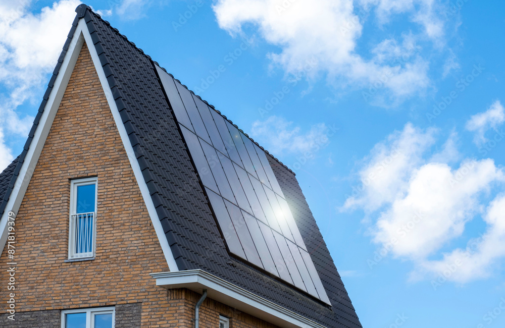 Solar Panel House Roof Generator Energy The Hague Netherlands Blue Sky Sun Solar Panel House Roof Generator Energy The Hague Netherlands Blue Sky Sun