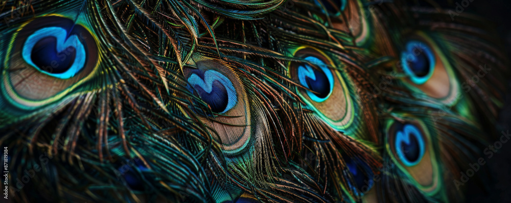 Obraz premium An artistic arrangement of peacock feathers with their iridescent blue and green eyespots, set against a dark background. The rich colors and intricate details create a captivating scene.
