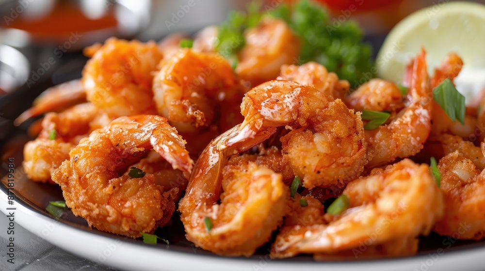 A detailed shot of a plate of fried shrimp A detailed shot of a plate of fried shrimp