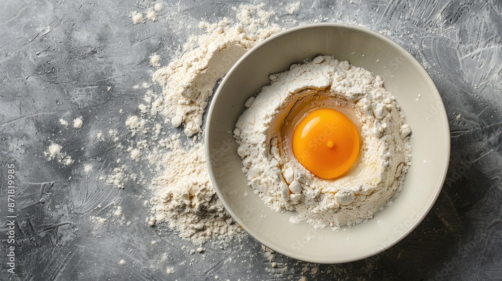 Top view of mixing bowl with flour and egg on grey surface Top view of mixing bowl with flour and egg on grey surface