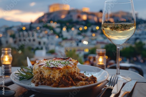 Dining with History: Moussaka and Assyrtiko Wine at an Athens Restaurant with Views of the Parthenon, a Taste of Greek Cuisine Amidst Ancient Splendor. photo