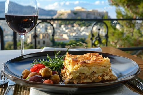 Fototapeta Naklejka Na Ścianę i Meble -  Dining with History: Moussaka and Assyrtiko Wine at an Athens Restaurant with Views of the Parthenon, a Taste of Greek Cuisine Amidst Ancient Splendor.