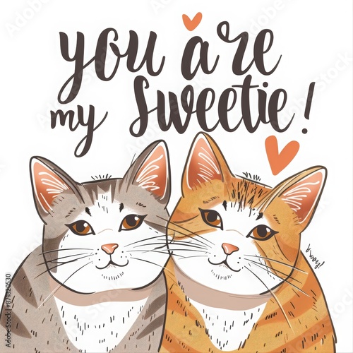 Cat day. Cute cartoon cat couple in love with hearts around on white background, Valentine's Day card with text "you are my sweetie"