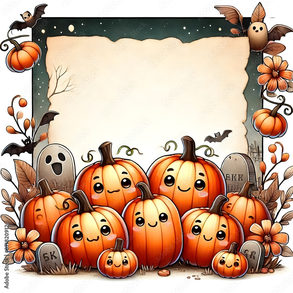 Fototapeta premium A group of friendly pumpkins with cute faces, sitting together in a cozy pumpkin patch with some spooky, but happy, elements around. 