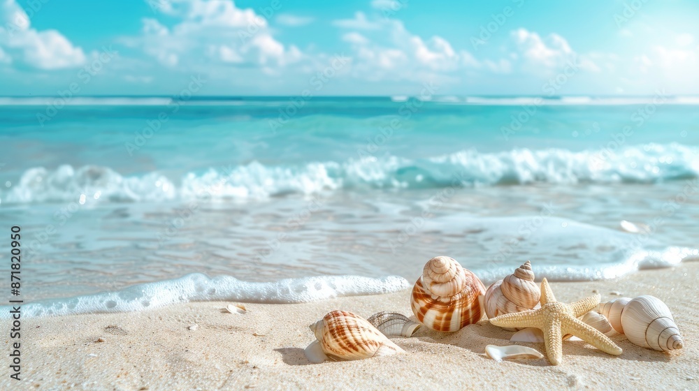 A beautiful beach with seashells and ample space for text. A beautiful beach with seashells and ample space for text.