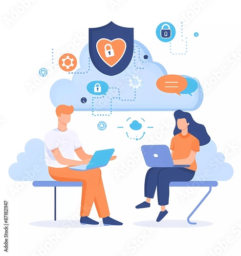Flat illustration of a man and woman sitting on a cloud with security icons, a laptop computer, and data flow in the background against a white flat color background.