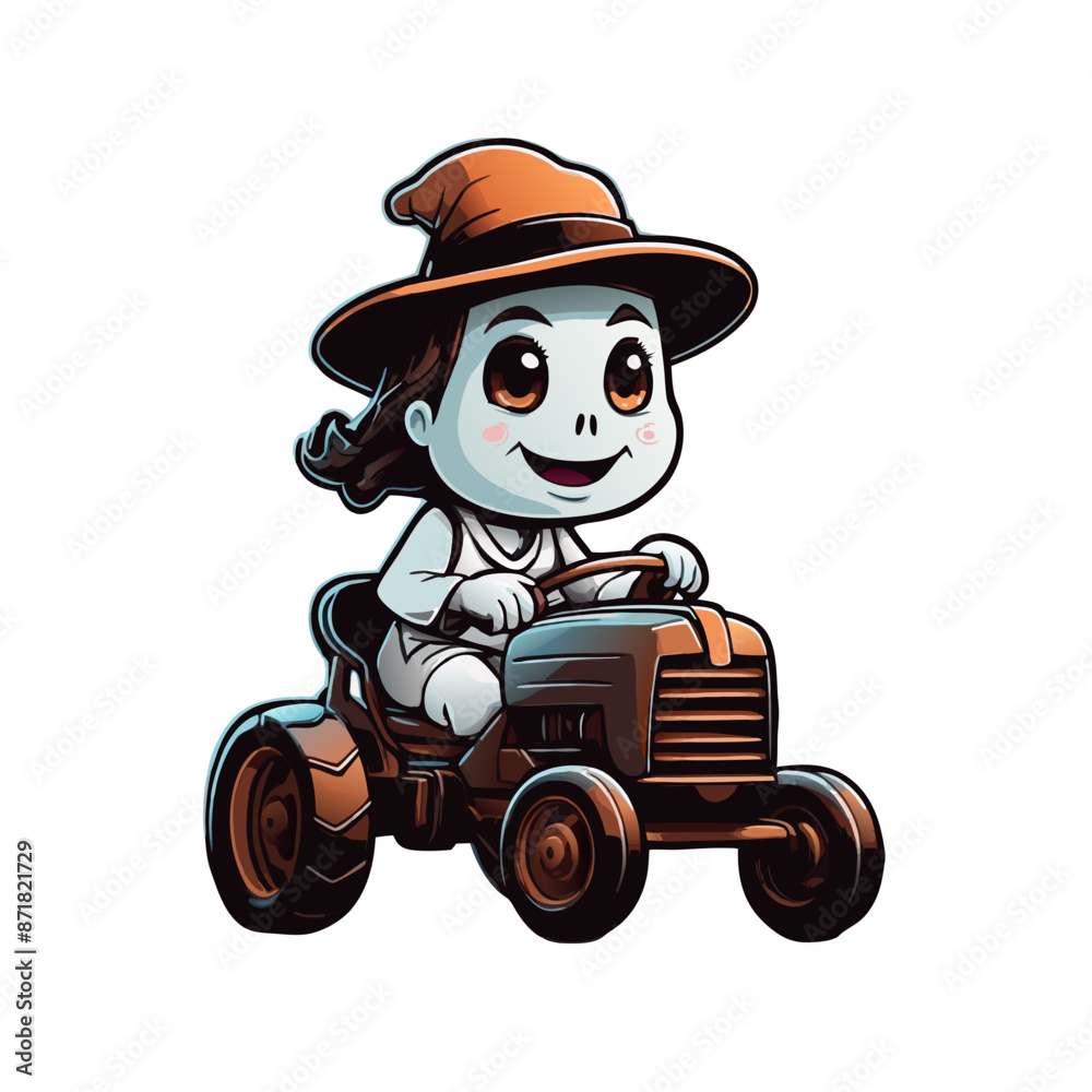 graphic of a ghost in a hat riding an old brown tractor graphic of a ghost in a hat riding an old brown tractor
