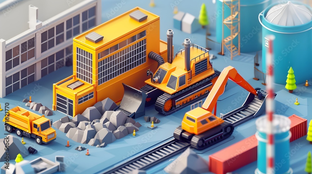 Construction bulldozer and factory isometric style icon design of remodeling working and repairing theme. Construction bulldozer and factory isometric style icon design of remodeling working and repairing theme.
