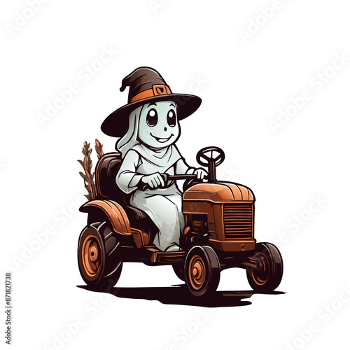 graphic of a ghost in a hat riding an old brown tractor