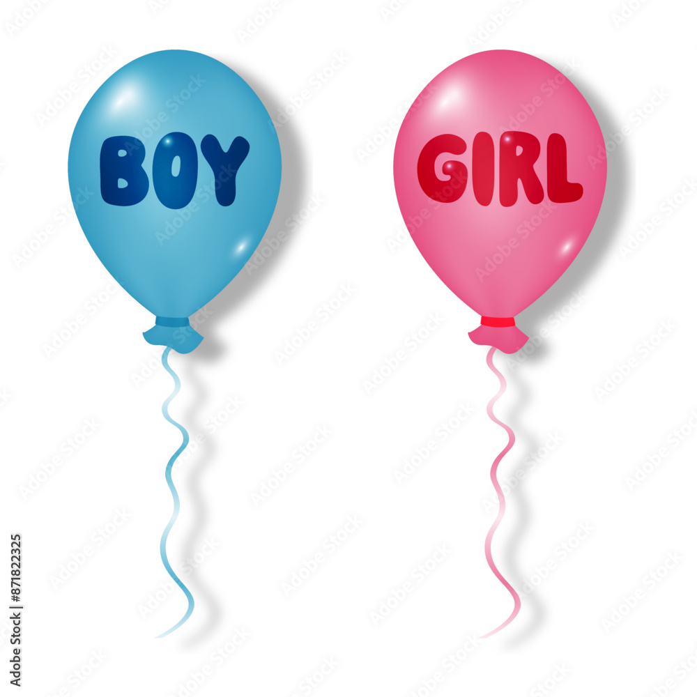 Set of pink and blue balloons with text, footprints, gender symbols for gender party on transparent background. Boy or girl. Baby Shower party decor. Design for holiday greeting card and invitation Set of pink and blue balloons with text, footprints, gender symbols for gender party on transparent background. Boy or girl. Baby Shower party decor. Design for holiday greeting card and invitation