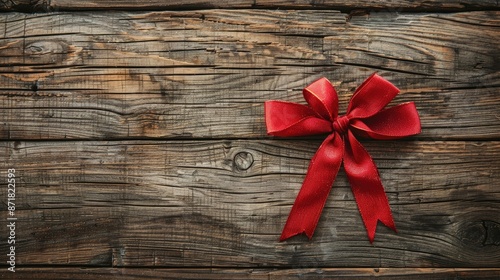 Festive bow placed on a wooden backdrop
