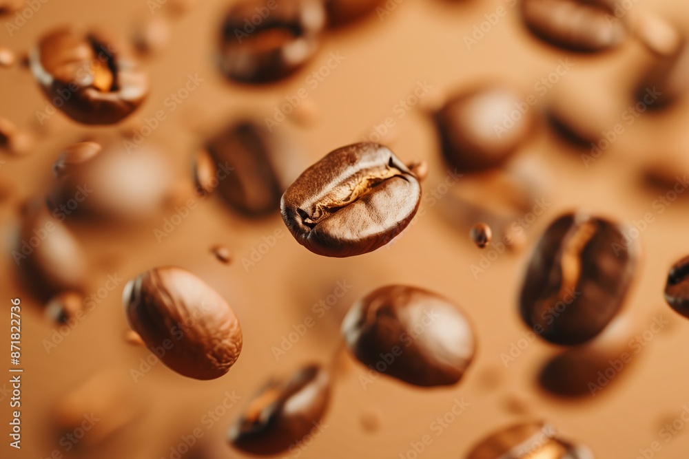 flying coffee beans in various states of motion against a blurred background. The style is dynamic and rich, featuring deep, earthy brown tones flying coffee beans in various states of motion against a blurred background. The style is dynamic and rich, featuring deep, earthy brown tones
