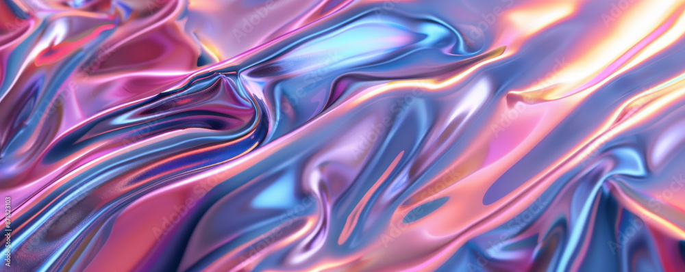 Obraz premium Abstract iridescent background design, 3d render, with a blend of sharp angles and flowing curves. The iridescent surfaces create a striking contrast, with colors that shift between metallic tones.