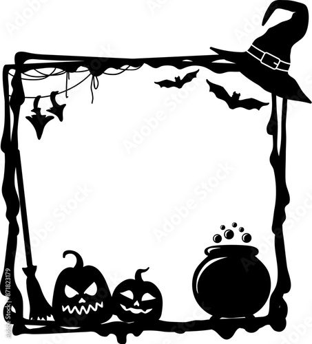 Halloween grunge black frame. Weathered and eerie vector square border with the witch hat, cauldron, pumpkins and broom, bats, amanita and cobwebs, encases the spectral essence of the spooky season