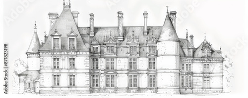 An architectural sketch of a traditional French chateau, with steep roofs, tall windows, and decorative stonework. The white background emphasizes the elegance and historical significance of the