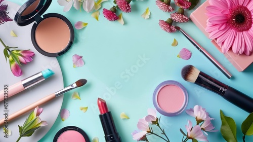 Makeup products and flowers on pastel background
