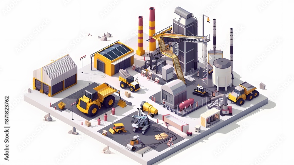 Construction bulldozer and factory isometric style icon design of remodeling working and repairing theme. Construction bulldozer and factory isometric style icon design of remodeling working and repairing theme.