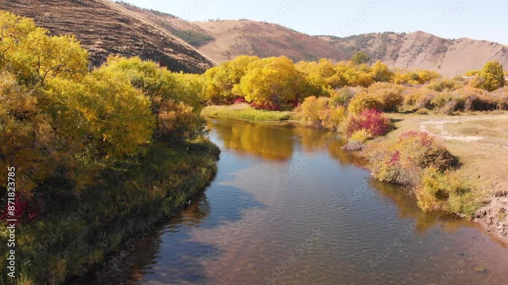Colorful autumn landscape. Flying over the Anga River on a sunny September day. Mountains, trees and bushes in red and yellow foliage Colorful autumn landscape. Flying over the Anga River on a sunny September day. Mountains, trees and bushes in red and yellow foliage