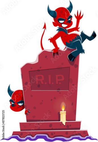 Cartoon Halloween scary devil characters near tombstone. Vector menacing, red-skinned imps with sharp horns and a sinister grin lurks by a candlelit grave stone, casting eerie shadows on spooky night