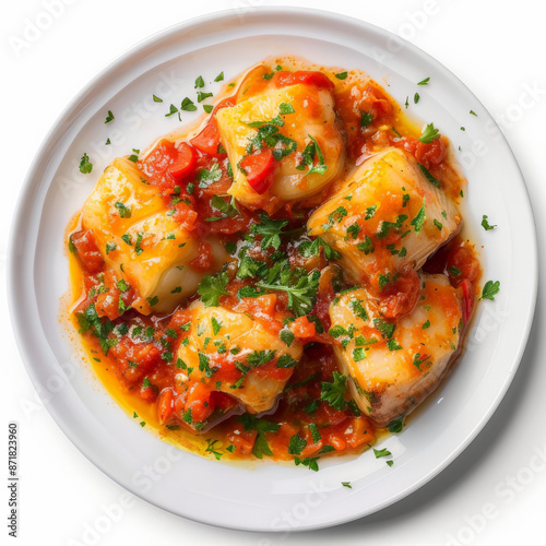 A plate of Spanish bacalao a la vizcaÃ­na, codfish in a rich tomato and red pepper sauce, garnished with chopped parsley, isolated on white background.