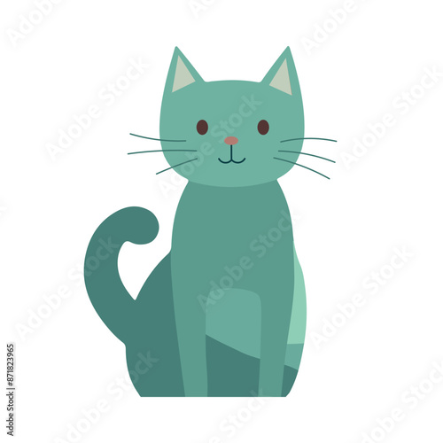 Cute cartoon illustration of a green cat sitting with a smile, simple and minimalistic design.