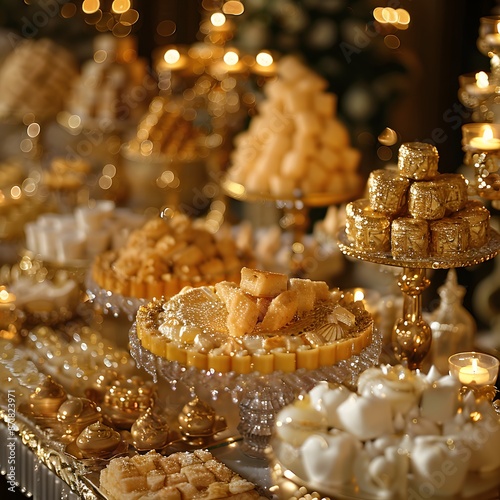 Golden Dessert Table with Elegant Decorations