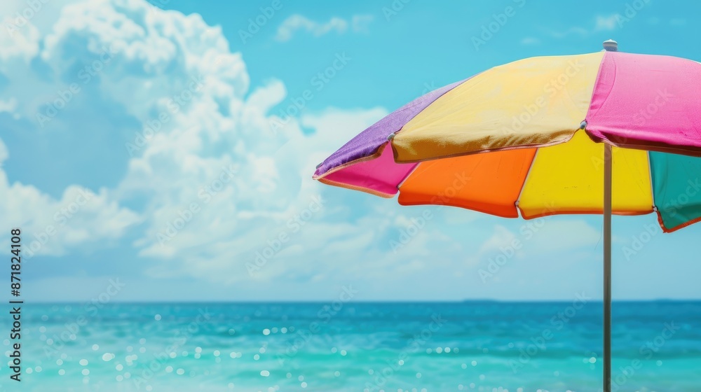 A colorful beach umbrella with the ocean in the background, space for text. A colorful beach umbrella with the ocean in the background, space for text.