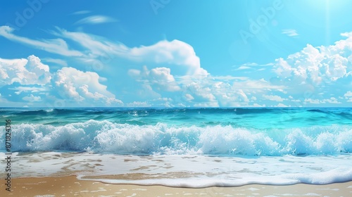 A peaceful beach scene with gentle waves and space for text in the sky