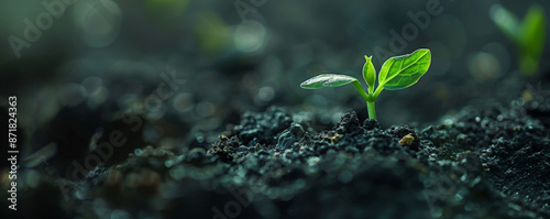 A seedling emerging from the soil, with tender leaves reaching towards the light. The dark, moist soil contrasts with the bright green of the new growth.