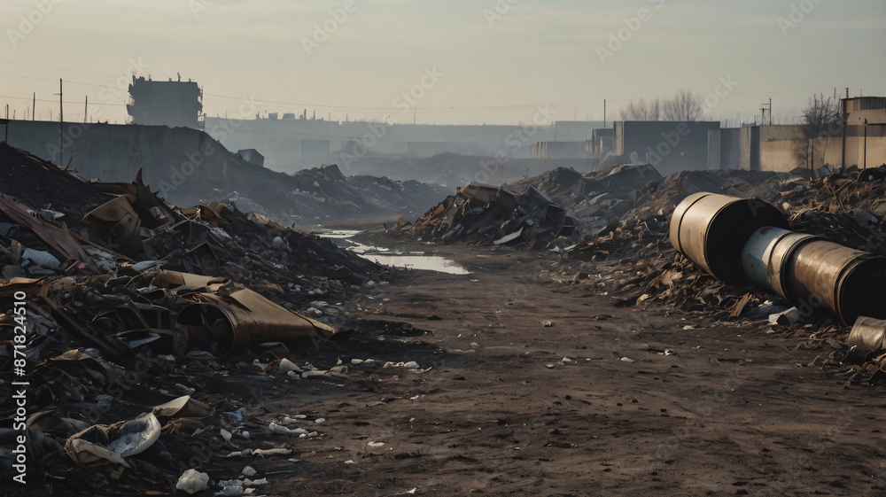 dirty city, pollution pipes, garbage in abandoned places, fallout, ecologic catastrophe concept dirty city, pollution pipes, garbage in abandoned places, fallout, ecologic catastrophe concept
